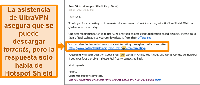 Captura de pantalla de una respuesta enviada por correo electrónico del soporte técnico de Hotspot Shield sobre el uso de torrents en China