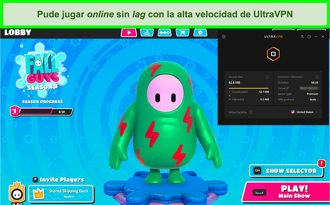 Captura de pantalla de Fall Guys: Ultimate Knockout mientras UltraVPN está conectado a un servidor en los EE. UU.