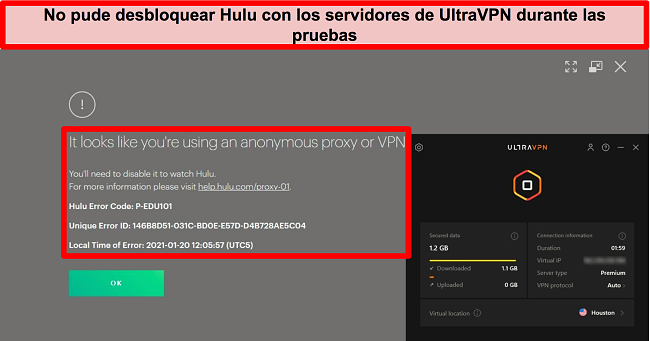 Captura de pantalla del error de IP del proxy de Hulu mientras UltraVPN está conectado a un servidor en los EE. UU.