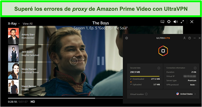 Captura de pantalla de The Boys en Amazon Prime Video mientras UltraVPN está conectado a un servidor en los EE. UU.