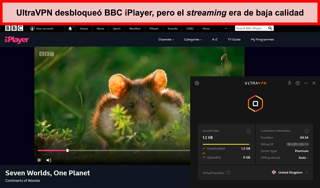 Captura de pantalla de BBC iPlayer desbloqueada por el servidor UltraVNc en el Reino Unido