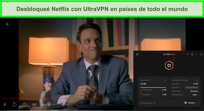 Captura de pantalla de Cobra Kai jugando en Netflix mientras UltraVPN está conectado a un servidor en Houston