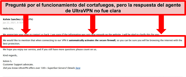 Captura de pantalla de un correo electrónico del soporte técnico de UltraVPN