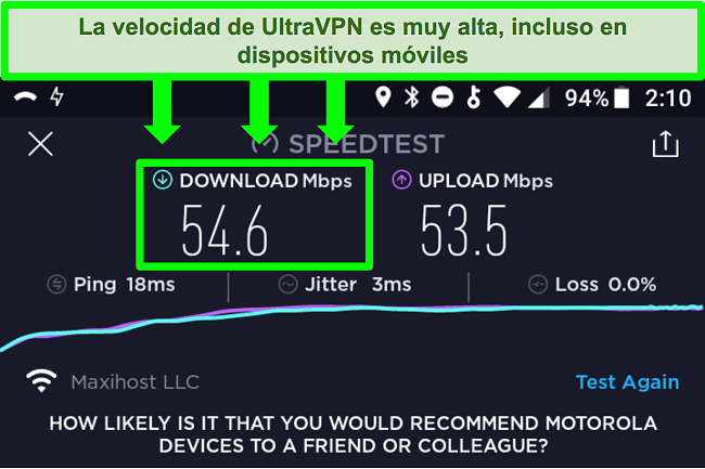 Captura de pantalla de una prueba de velocidad de conexión mientras UltraVPN está conectado en un dispositivo Android