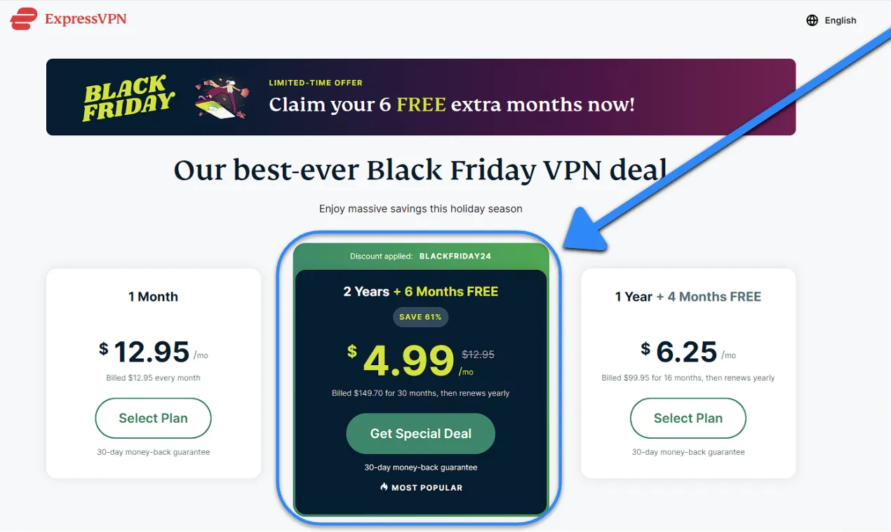屏幕截图展示如何选择 ExpressVPN 的最佳订阅计划