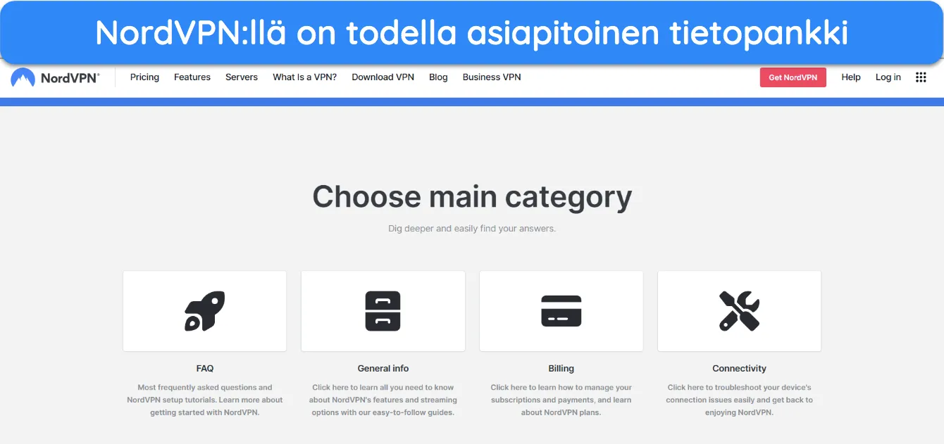 Näyttökaappaus, jossa näkyy NordVPN:n tietokannan kotisivu.