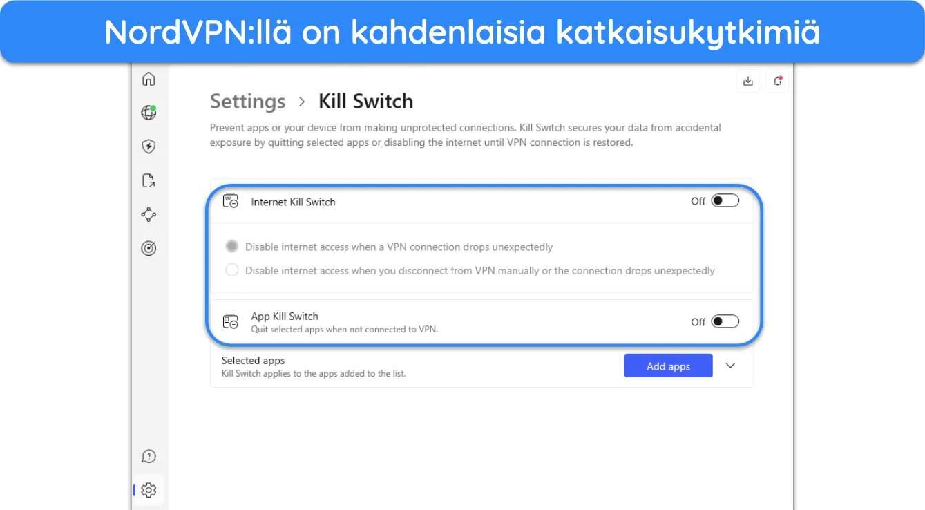 Kuvakaappaus NordVPN:n asetusvalikon kill-kytkinvaihtoehdoista.