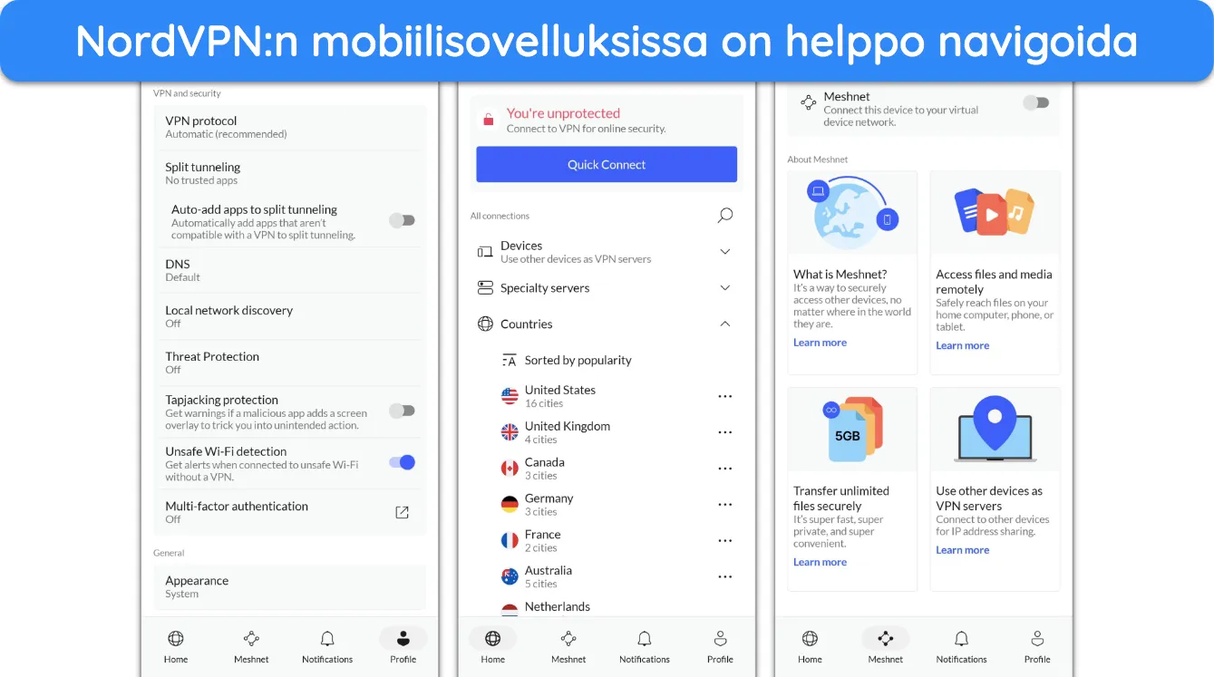 Näyttökaappaus, joka näyttää NordVPN:n mobiilisovelluksen ulkopinnan.