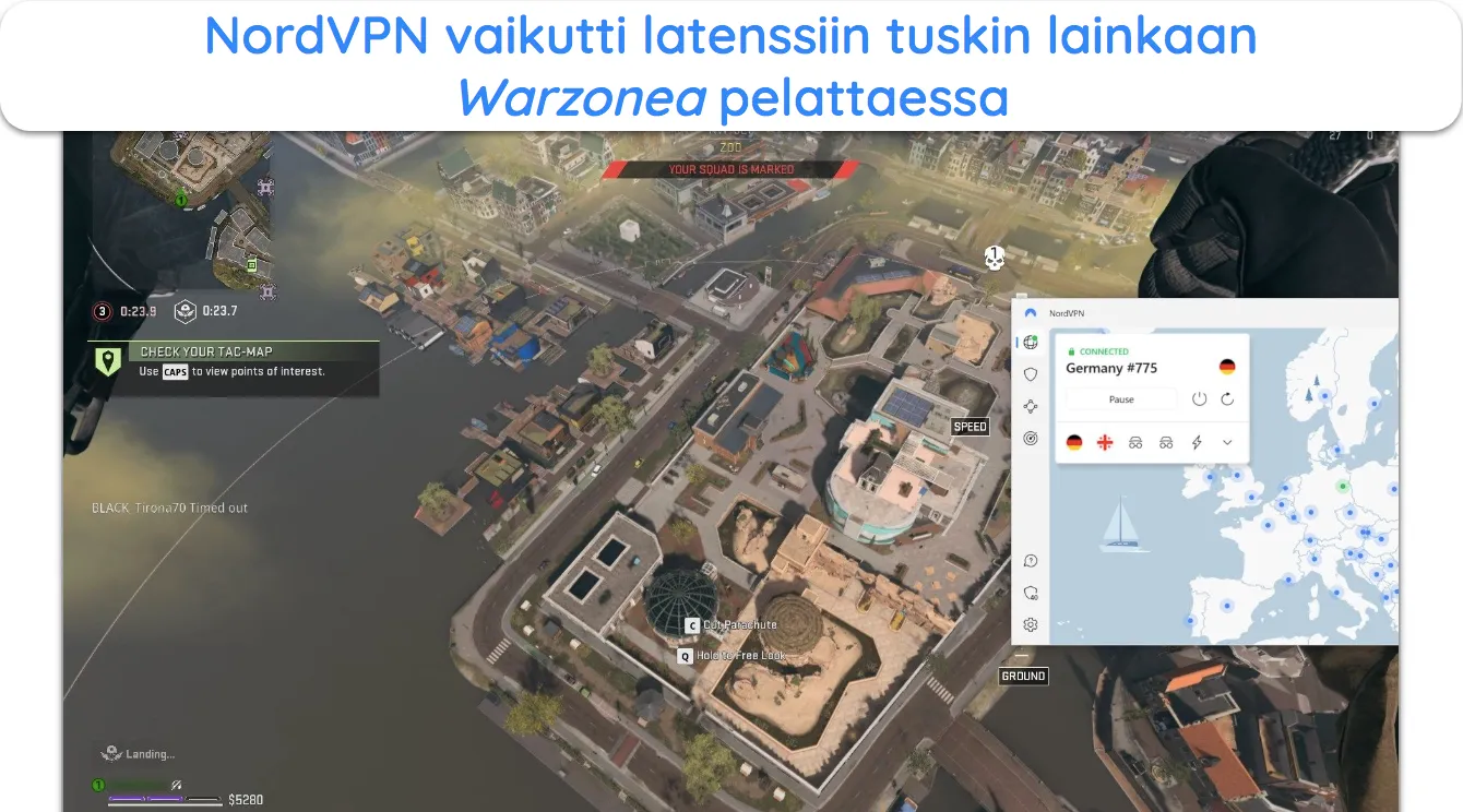 Näyttökuva, jossa Warzone toimii sujuvasti ollessaan yhteydessä NordVPN-palvelimeen Saksassa.