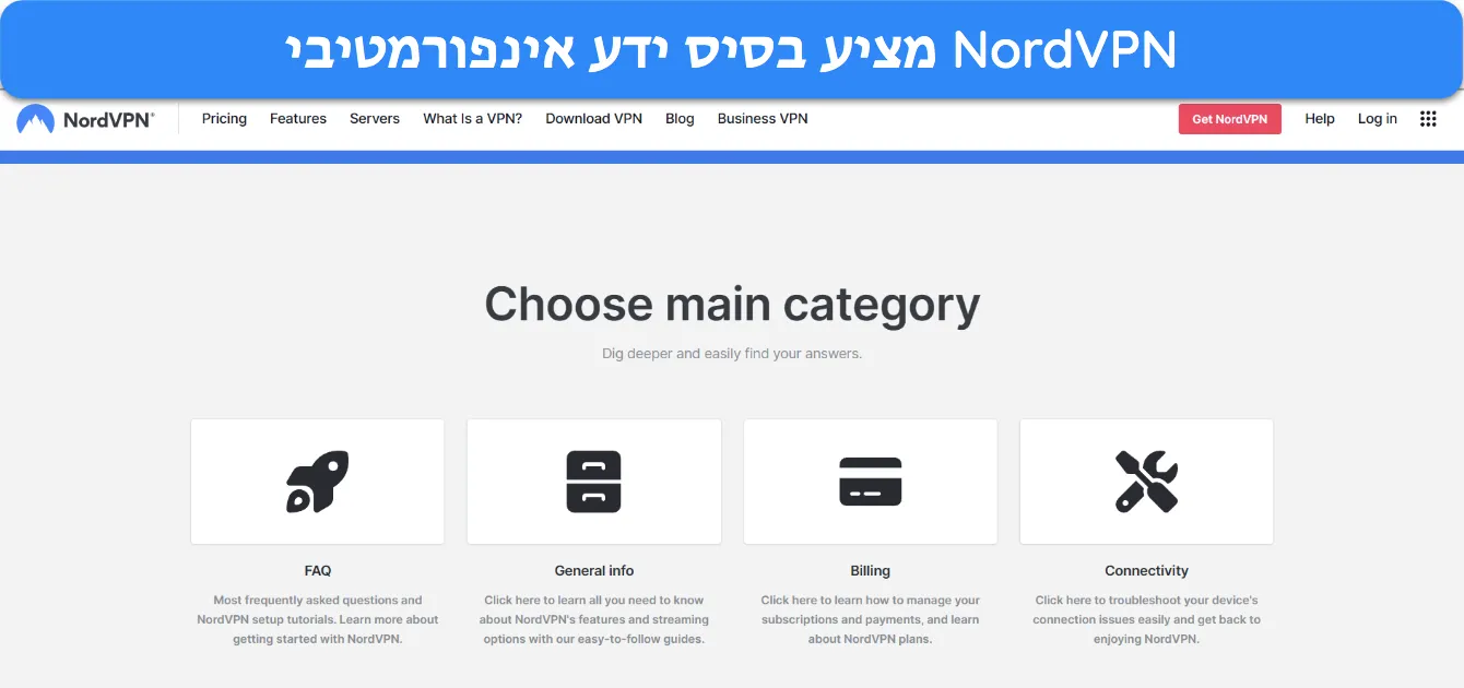 צילום מסך המציג את דף הבית של בסיס הידע של NordVPN.