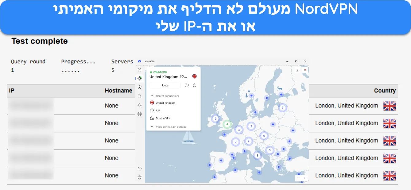 צילום מסך של תוצאת בדיקת דליפה בזמן חיבור ל-NordVPN.