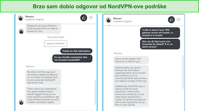 NordVPN-ova 24/7 live chat podrška je brza i korisna