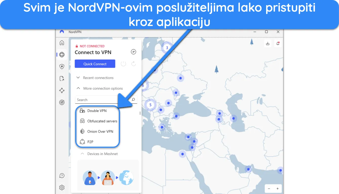 Snimka zaslona koja pokazuje kako su NordVPN-ovi specijalni poslužitelji lako dostupni unutar aplikacije.