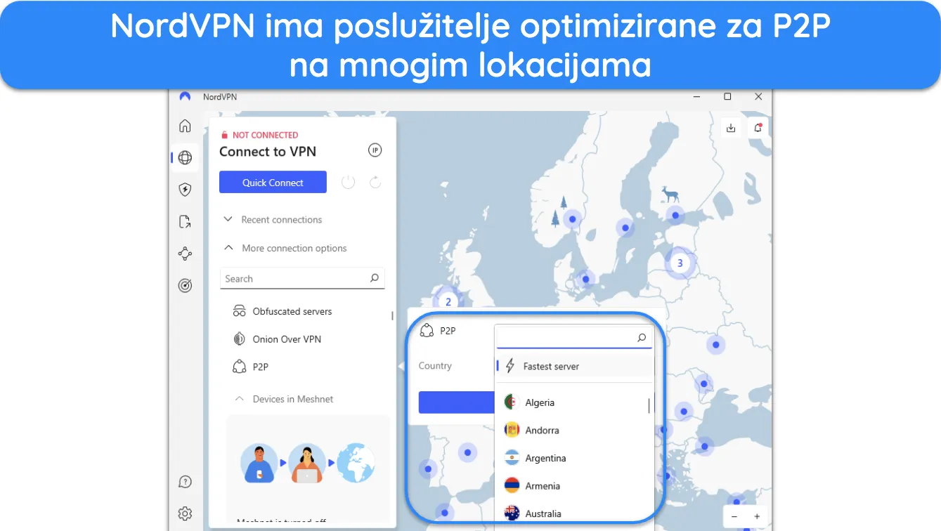 Snimka zaslona koja prikazuje zemlje u kojima NordVPN nudi poslužitelje optimizirane za P2P.