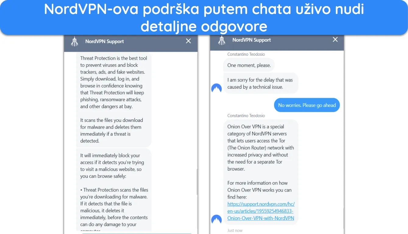 Snimka zaslona koja prikazuje razgovor s podrškom za chat uživo NordVPN-a.