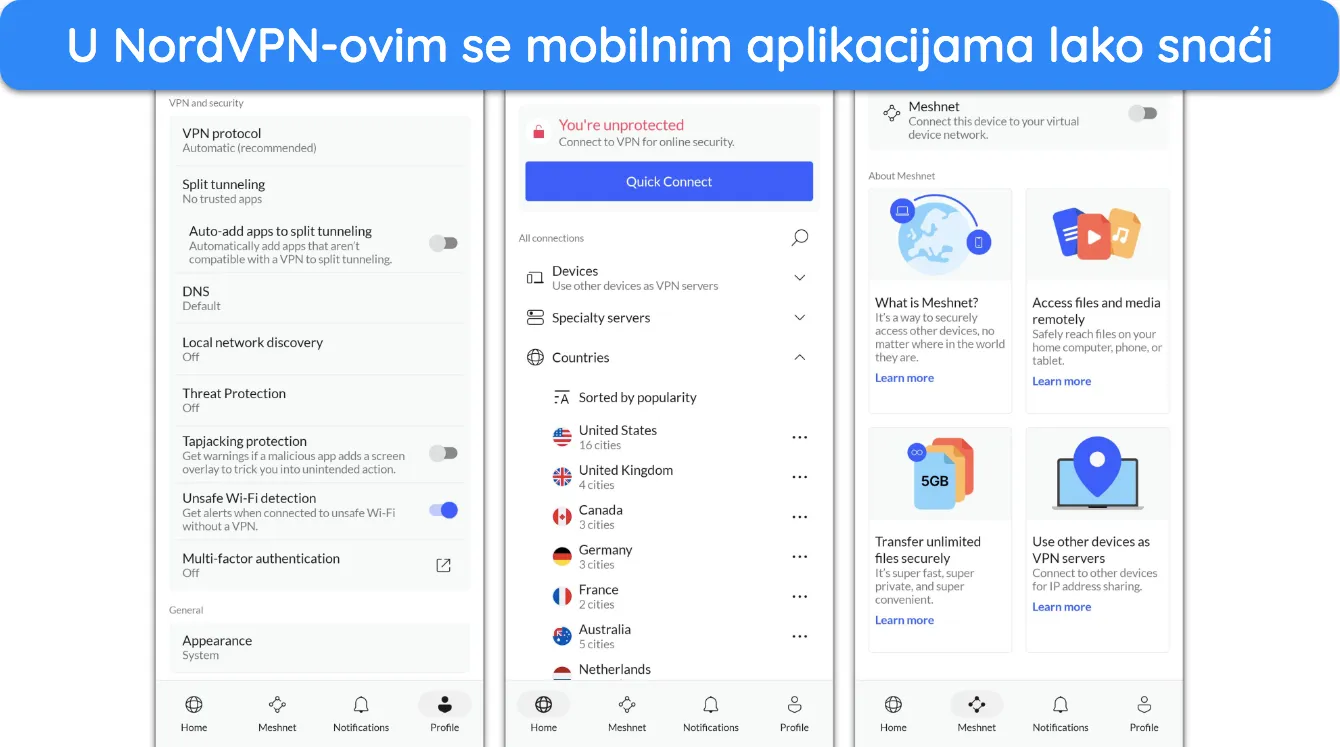 Snimka zaslona koja prikazuje sučelje mobilne aplikacije NordVPN-a.