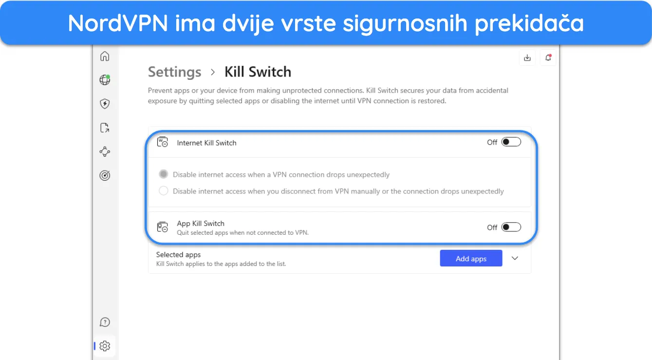 Snimka zaslona opcija prekidača isključivanja u izborniku postavki NordVPN-a.