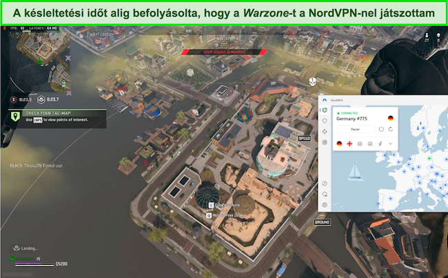 A Call of Duty: Warzone játék, miközben egy német NordVPN szerverhez csatlakozik.
