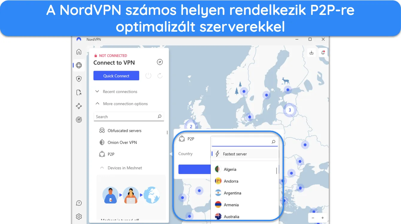 Képernyőkép, amely azokat az országokat mutatja, ahol a NordVPN P2P-optimalizált szervereket kínál.