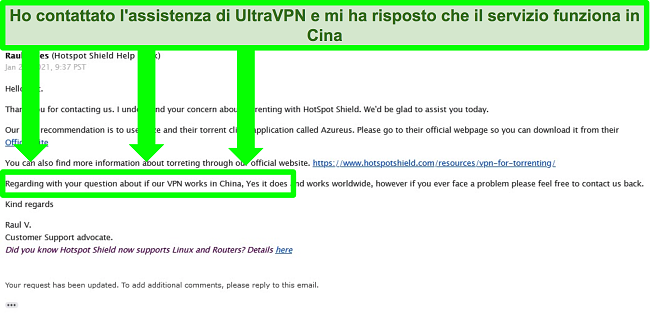 Schermata di uno scambio di e-mail con supporto UltraVPN per quanto riguarda il torrenting e se la VPN funziona in Cina