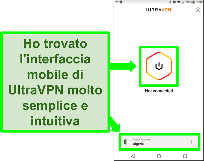 Screenshot dell'interfaccia utente di UltraVPN su Android