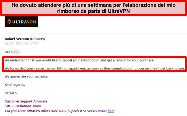 Screenshot di un'e-mail dal supporto UltraVPN che dice che la mia richiesta di rimborso è ancora in fase di elaborazione