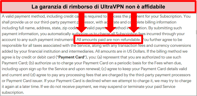 Schermata della politica di rimborso di UltraVPN che afferma che i piani non sono rimborsabili
