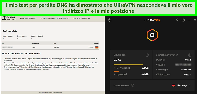 Screenshot di un test di tenuta DNS riuscito mentre UltraVPN è connesso a un server in Germania