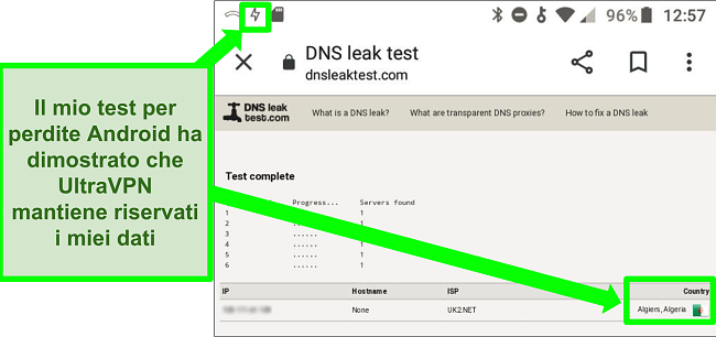 Screenshot di un test di tenuta DNS riuscito mentre UltraVPN su Android è connesso a un server in Algeria