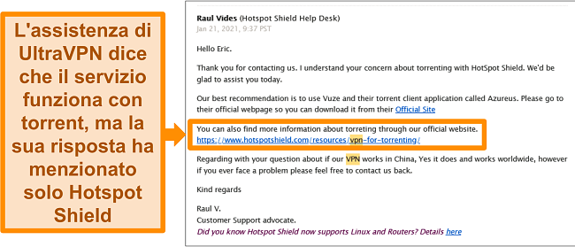 Screenshot di una risposta via e-mail dal supporto tecnico di Hotspot Shield su torrenting e utilizzo in Cina
