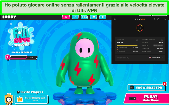 Screenshot di Fall Guys: Ultimate Knockout mentre UltraVPN è connesso a un server negli Stati Uniti