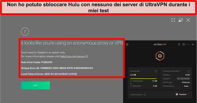 Schermata dell'errore IP del proxy di Hulu mentre UltraVPN è connesso a un server negli Stati Uniti