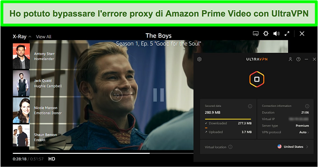 Screenshot di The Boys su Amazon Prime Video mentre UltraVPN è connesso a un server negli Stati Uniti