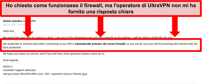 Screenshot di un'e-mail dal supporto tecnico di UltraVPN