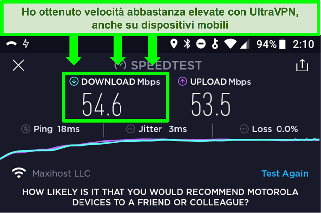 Screenshot di un test della velocità di connessione mentre UltraVPN è connesso su un dispositivo Android