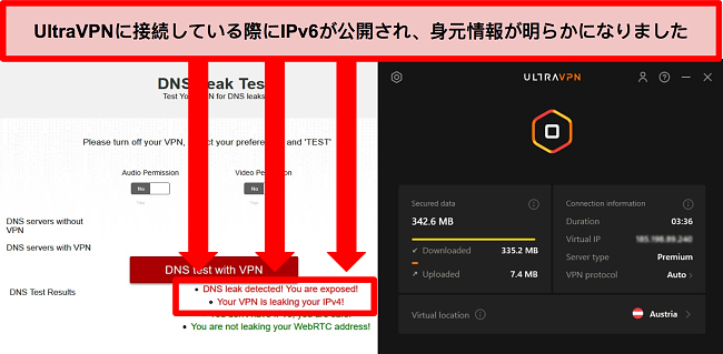 UltraVPNがオーストリアのサーバーに接続されているときに失敗したIPv6リークテストのスクリーンショット