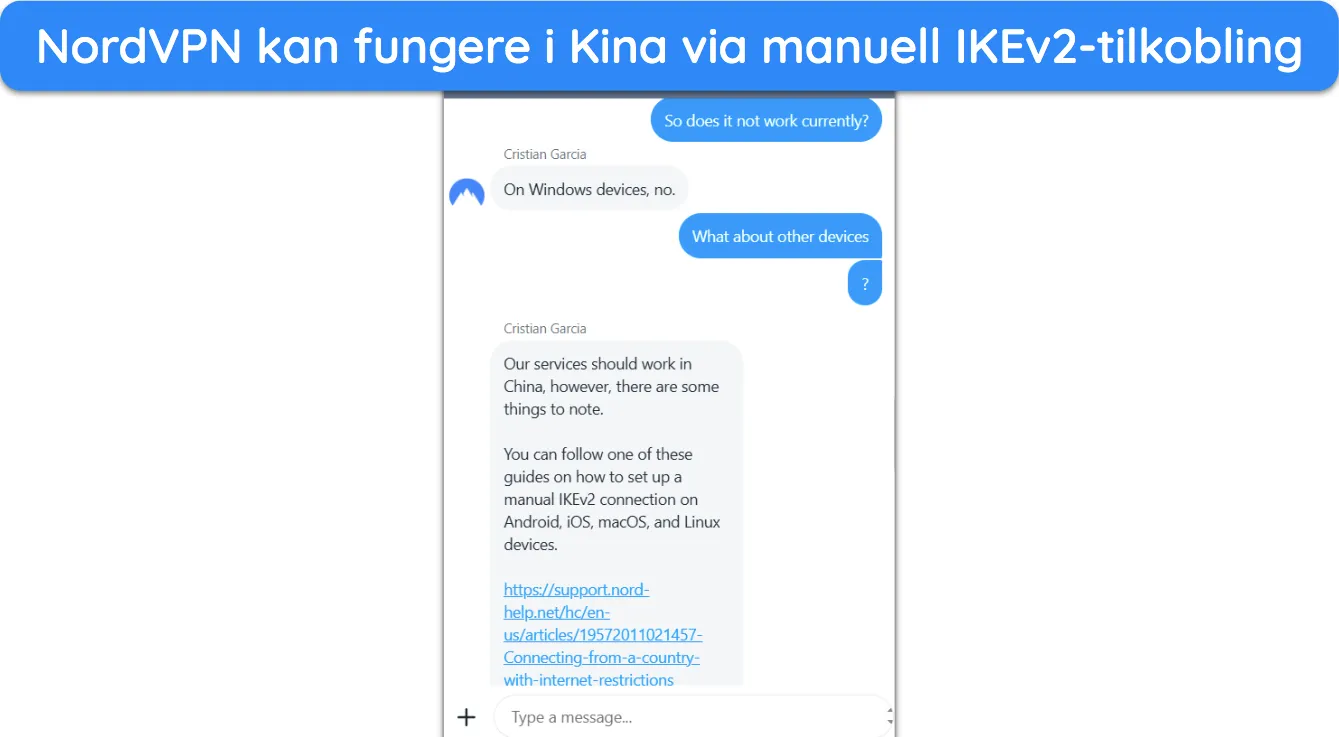 Skjermbilde av NordVPN-støtte som forklarer hvordan VPN kan fungere i Kina.