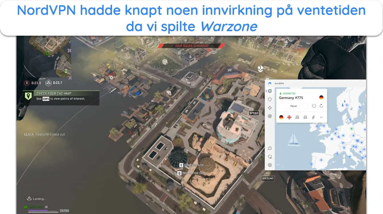 Skjermbilde som viser at Warzone kjører jevnt mens han er koblet til en NordVPN-server i Tyskland.