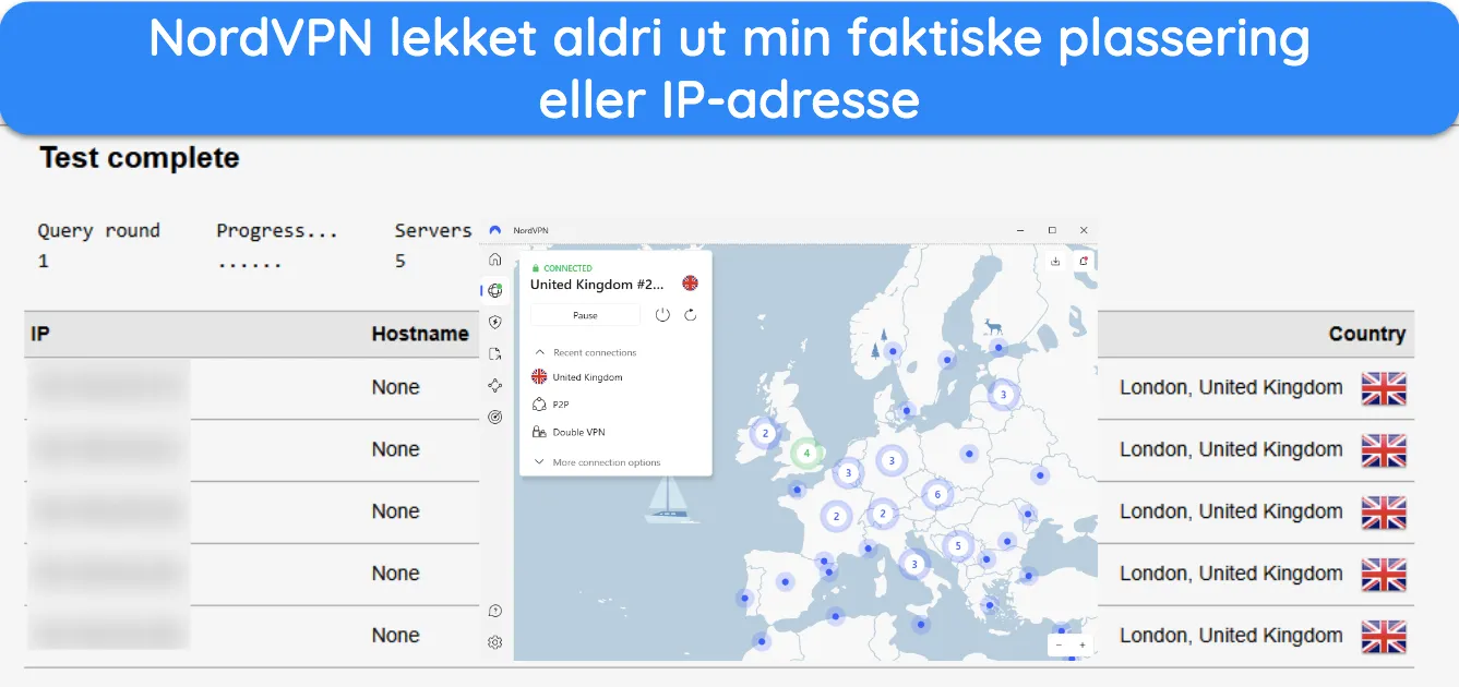 Skjermbilde av et lekkasjetestresultat mens du er koblet til NordVPN.