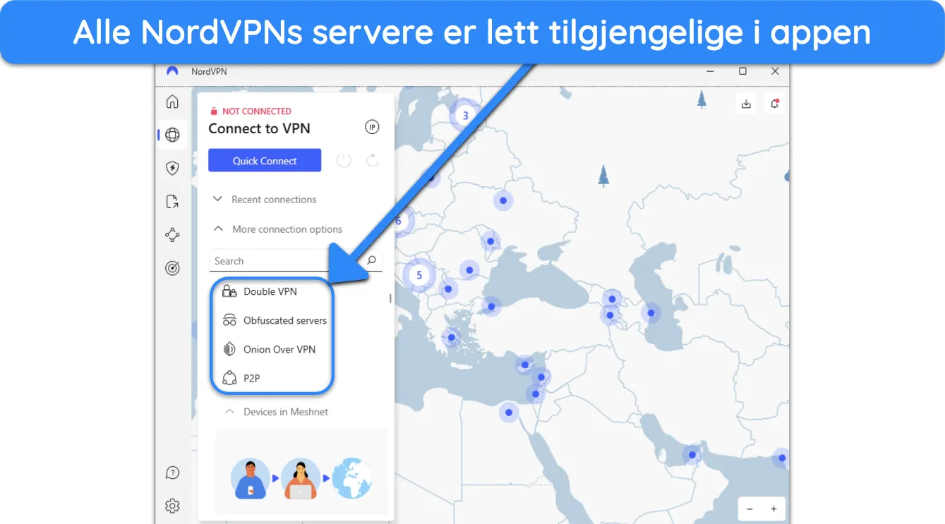 Skjermbilde som viser hvordan NordVPNs spesialitetsservere er lett tilgjengelige i appen.