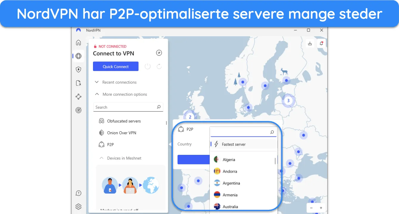 Skjermbilde som viser landene der NordVPN tilbyr P2P-optimaliserte servere.