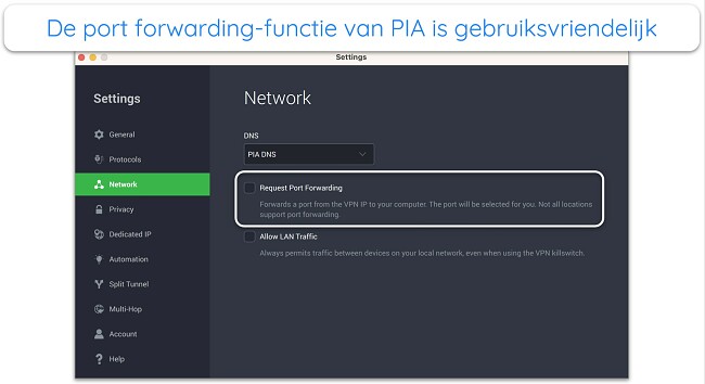 Screenshot van PIA's port forwarding-functie in zijn app
