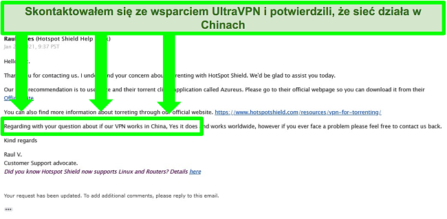 Zrzut ekranu wymiany wiadomości e-mail z obsługą UltraVPN w zakresie torrentów i tego, czy VPN działa w Chinach