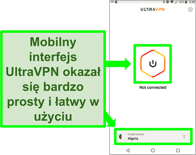 Zrzut ekranu interfejsu użytkownika UltraVPN na Androida