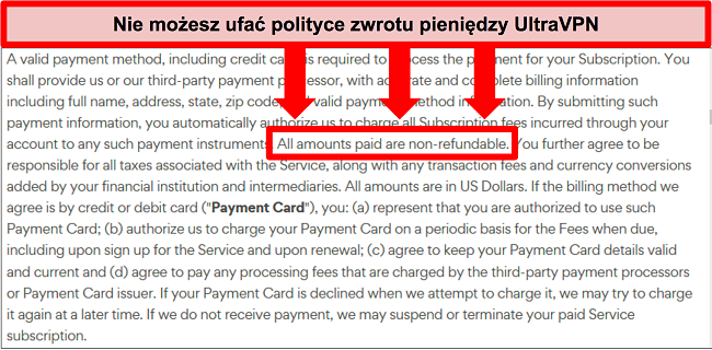 Zrzut ekranu polityki zwrotów UltraVPN stwierdzającej, że plany nie podlegają zwrotowi