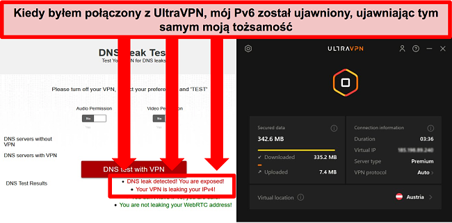 Zrzut ekranu nieudanego testu szczelności IPv6, gdy UltraVPN jest podłączony do serwera w Austrii