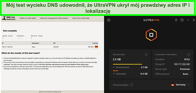 Zrzut ekranu udanego testu szczelności DNS, gdy UltraVPN jest podłączony do serwera w Niemczech