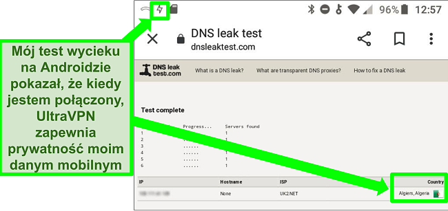 Zrzut ekranu udanego testu szczelności DNS, gdy UltraVPN na Androida jest podłączony do serwera w Algierii