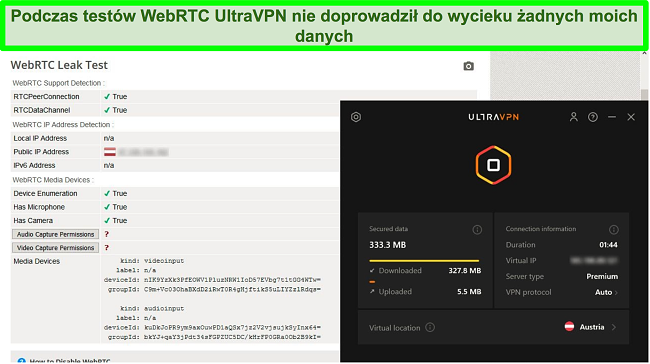 Zrzut ekranu pomyślnego wyniku testu WebRTC, gdy UltraVPN jest podłączony do serwera w Austrii