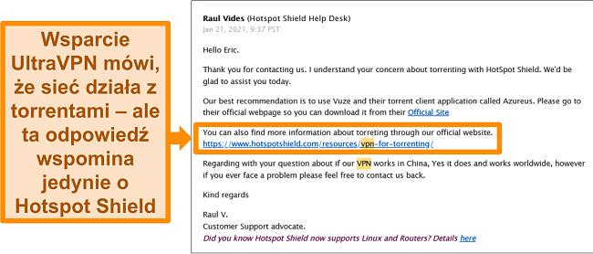 Zrzut ekranu z odpowiedzią e-mailem od pomocy technicznej Hotspot Shield na temat torrentowania i używania w Chinach